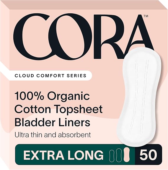 Cora 100% Organic Cotton Topsheet Bladder Liners (50 Extra Long Liners) | Absorbent Topsheet Incontinence Pads, Reliable Leak Protection, 100% Organic Cotton, Made Without Chlorine, Fragrance, Dyes