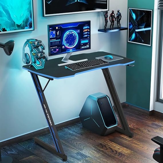 Z Shaped Gaming Desk 39 Gaming Computer Desk with Headphone Hook Gaming PC Table for boy Girl Home Office Desks Carbon Fiber Gaming Desk for Small Places, Simple Installation, Black