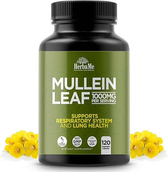 HerbaMe Mullein Leaf 1000mg, 120 Capsules - Daily Respiratory Support Supplement, Supports Breathing Comfort & Mucus Balance, Herbal Lung Support for Smokers, Men & Women