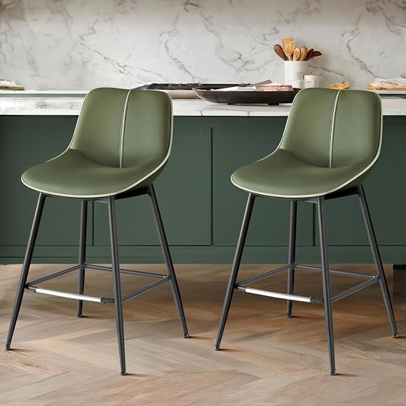 VASAGLE Bar Stools Set of 2, Counter Height Bar Stools with Back, Ergonomic Backrest, Synthetic Leather, Metal Legs, 24.8-Inch Tall Barstools for Kitchen Island Home Bar, Easy Assembly, Forest Green