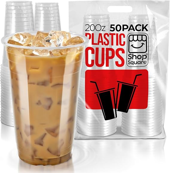 Shop Square 20 oz Plastic Cups, 50 Pack Clear Plastic Cups, Disposable Cups for Cold Drinks, Clear Cups for Party, Clear Disposable Cups for Iced Coffee, Smoothies, Juice, Mixed Beverages