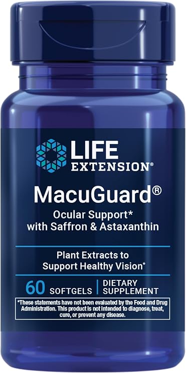 Life Extension MacuGuard Ocular Support with Saffron & Astaxanthin Eye Health Supplement for Healthy Vision with Lutein, zeaxanthin, Meso-zeaxanthin Gluten-Free, Non-GMO 60 softgels | For Eye Health, Healthy Vision with Lutein, Zeaxanthin, Meso-Zeaxanthin, Saffron & Astaxanthin, Gluten-Free & Non-GMO