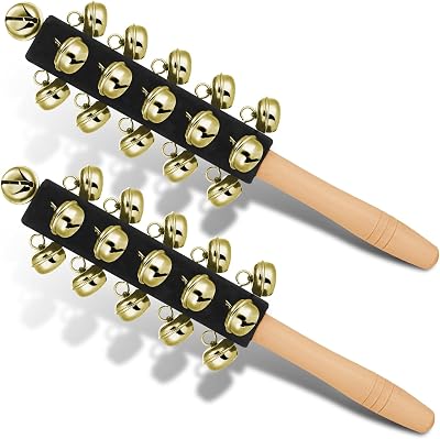 2 Pcs Christmas Hand Jingle Bells Wooden Handhold Sleigh Bells Jingle Bells Stick Shaker Musical Percussion Instrument for Christmas Party Favors Birthday Gifts Kids Children Toys Black