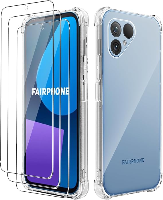 KZIOACSH Clear Case for Fairphone 5, Flexible Ultra Slim Soft TPU Protective Case Shockproof Transparent Rugged Cover Shell Reinforced Corners Bumper Cover with 3 Tempered Glass Screen Protector