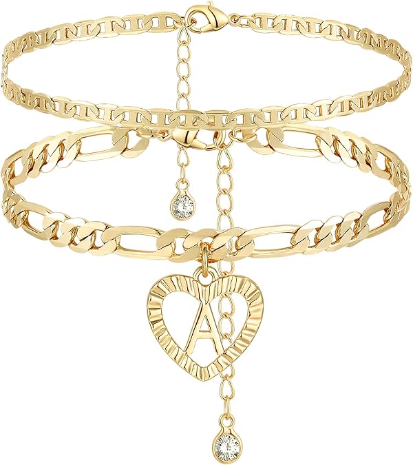 YANODA Initial Ankle Bracelets for Women 14K Gold Plated Layered Figaro Chain Letter Initial Anklets Handmade Layered Heart Ankle Bracelets Personalized Jewelry for Women