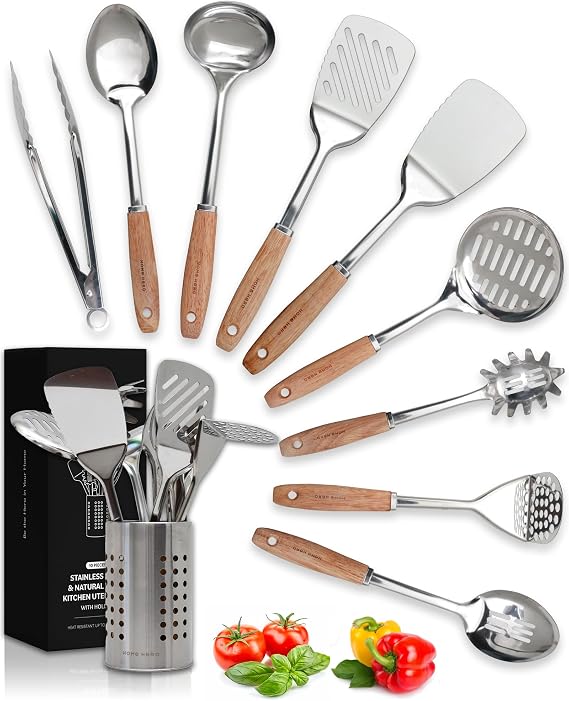 Home Hero 10-Piece Stainless Steel Kitchen Utensil Set with Wooden Handle