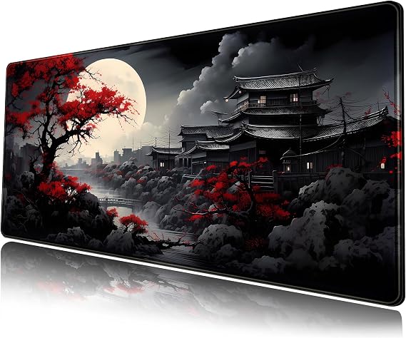 Riverside Full Moon Japanese Desk Mat - Large Black Red Gaming Mousepad XXL Keyboard Pad 31.5 x 11.8 in - Extended Mouse Pad for Laptop Computer Office Desk Decor