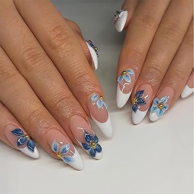 3D Flower Press on Nails Medium Almond, Natural Nude Blue White French Tip Daily Press ons for Women, 24pcs Glossy Pretty Reusable Semi-Homemade Soft Gel Full Cover Stick on Fake Acrylic Nail