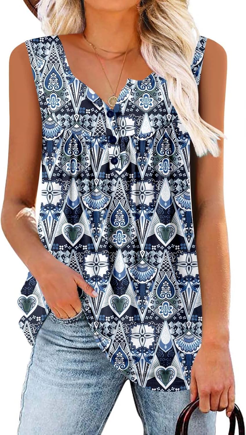 KISSMODA Women’s Summer Vest Printed Floral Sleeveless Tops Casual Fashion Tank Tops Pleated Shirts