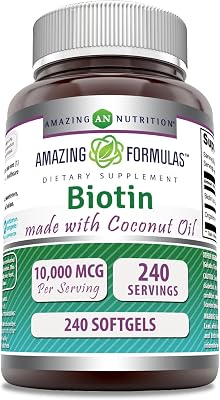Amazing Formulas Biotin with Extra Virgin Organic Coconut Oil Supplement | 10000 Mcg | Softgels | Non-GMO | Gluten-Free | Made in USA 1 Pack, 240 Count
