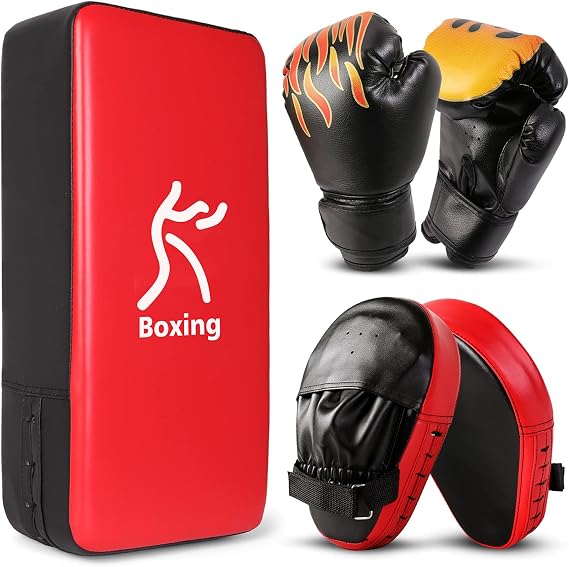 Odoland 3-in-1 Kids Youth Boxing Set - Punching Mitts, Kick Pads, Gloves for Boxing, Kickboxing, Karate, Muay Thai, MMA Training