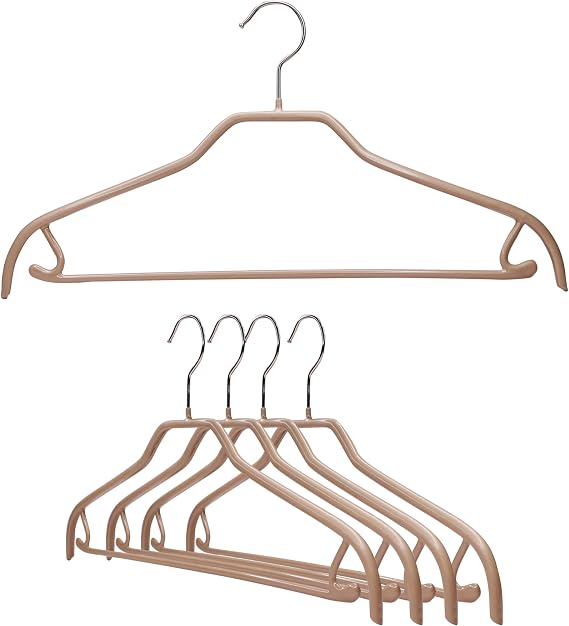 MAWA by Reston Lloyd Clothing Hangers with Pant Bar/Skirt Hook, Steel Hanger with Non-Slip Coating, for Shirts, Pants, Dresses, Combination Outfits, 360-degree Rotatable Hook, Set of 5, Latte