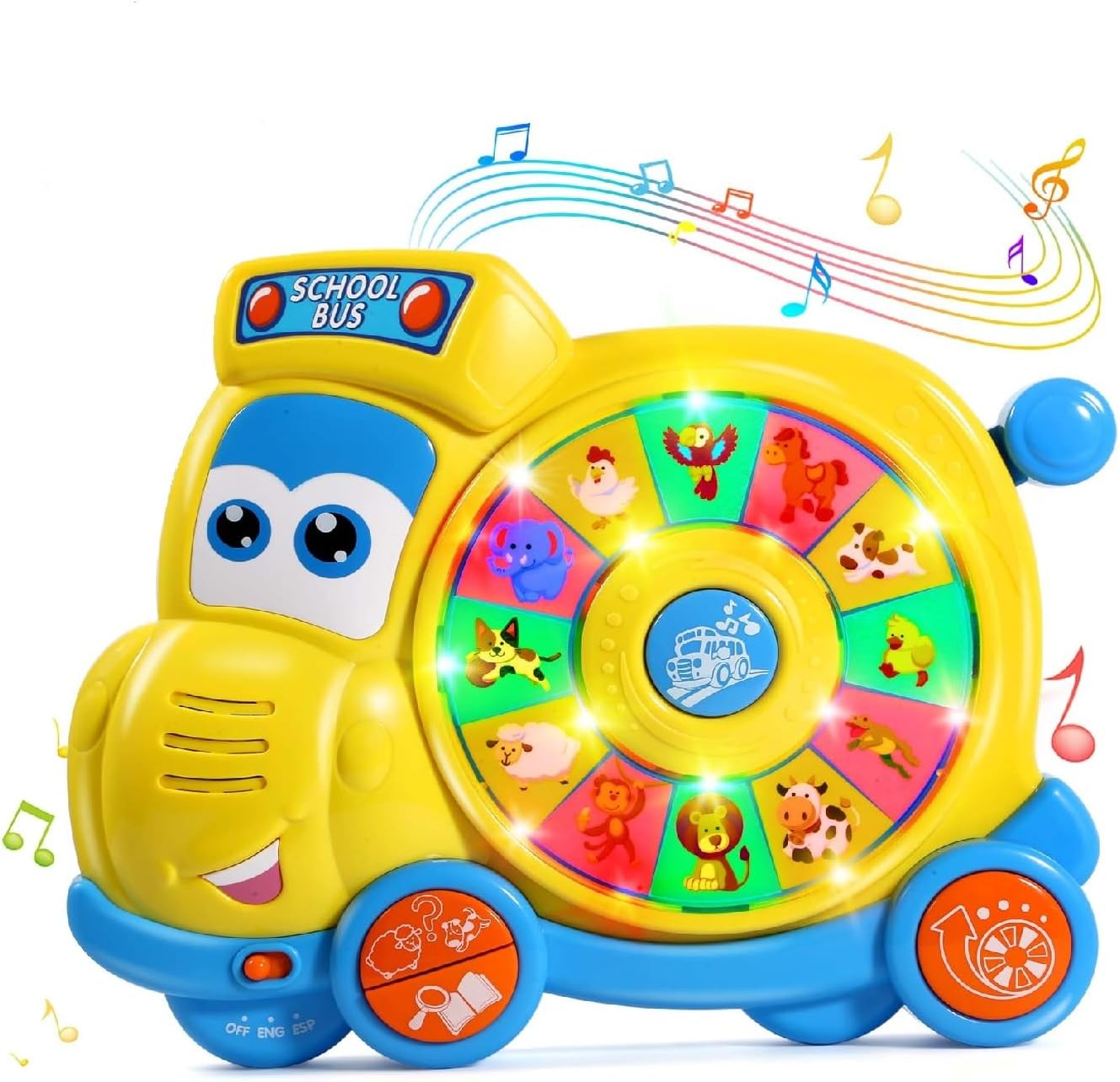 English Spanish Bilingual Learning Baby Toys 6 12 18 Months, Musical Educational Toys for Toddler 1-3, Spin Interactive School Bus Toys 1 Year Old Boys Girls Kids Birthday
