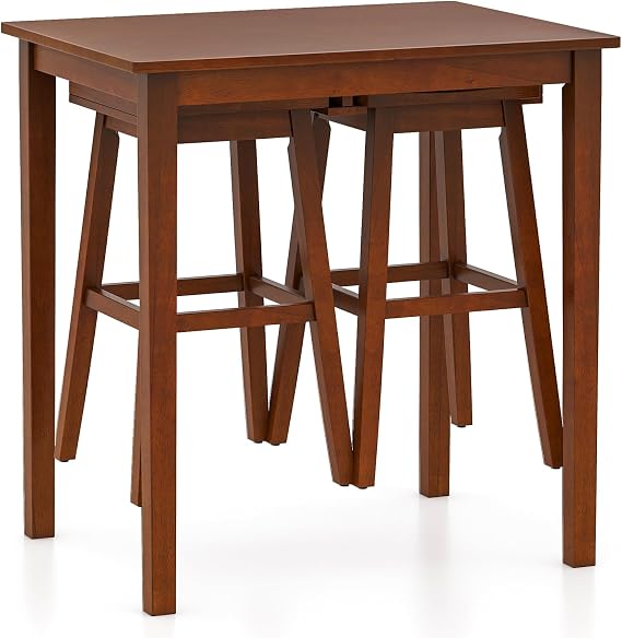 Giantex Bar Table and Chairs Set - 3-Piece Counter Height Dining Table Set with Hangable Bar Stools, Wood Veneered Tabletop, Rubber Wood Legs, Space Saving Dinette Set, Breakfast Nook Table Set, Brown