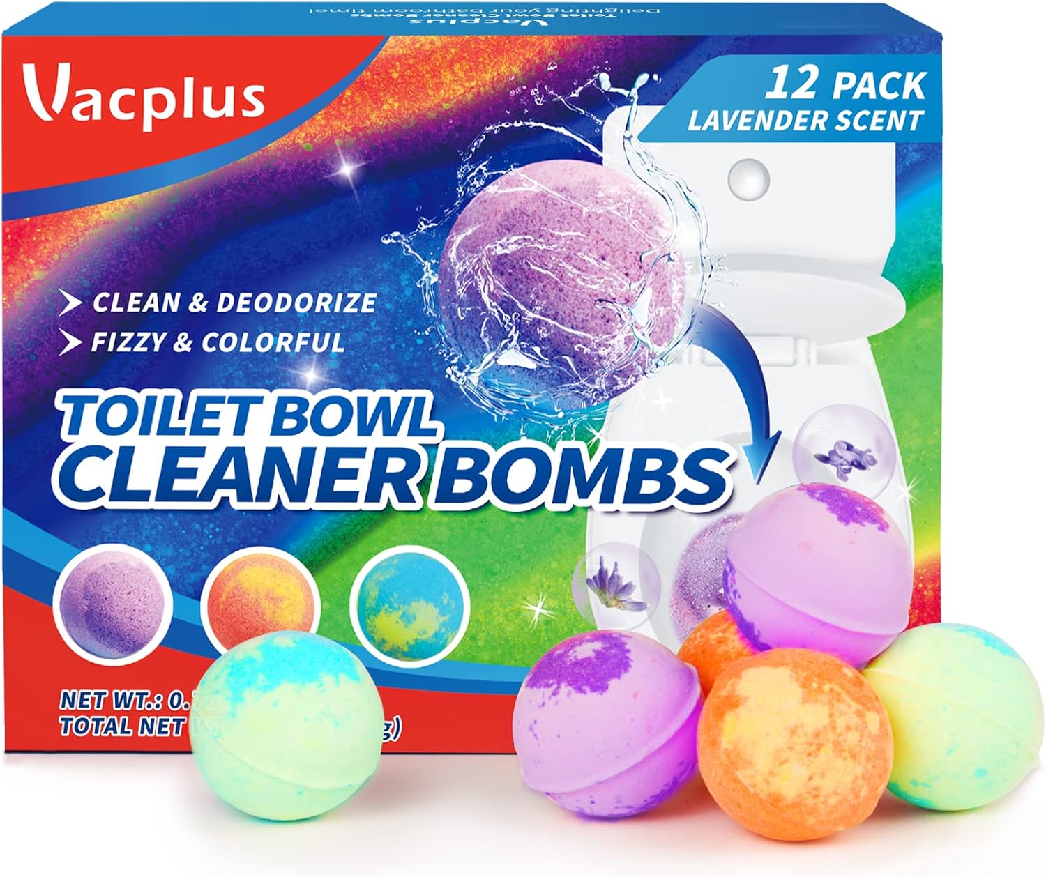 Vacplus Toilet Bowl Cleaners - 12 Pack, Fizzy & Colorful Toilet Bowl Cleaner Bombs with Lavender Fragrances, Natural Toilet Bowl Cleaner Tablets for Cleaning & Deodorizing, 1.45 Inch