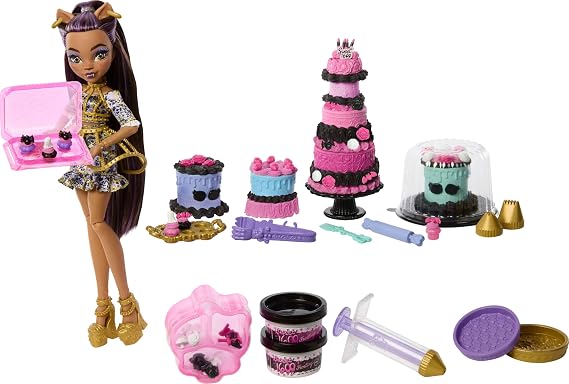 Monster High Cool Birthday cake set and cake decorating themed play set with more than 20 accessories such as Clawdeen Wolf doll, cake cream and decorating syringe, JBG78