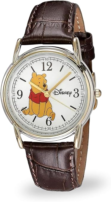 Disney Winnie The Pooh Watch for Men Classic Character Dial Featuring Pooh Bear Great Gift for Fans and Collectors Gold-Tone Case, White Dial, and Brown Textured Leather Strap