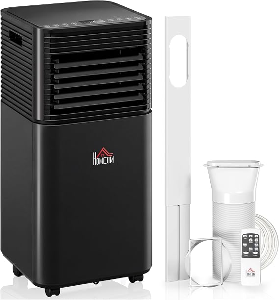 HOMCOM 8000 BTU Portable Air Conditioner for Rooms up to 344 Sq.Ft. Black | 4-in-1 Mobile AC Unit, Dehumidifier, Cooling Fan, Sleep, Remote, 24H Timer, Auto Off, Window Installation Kit