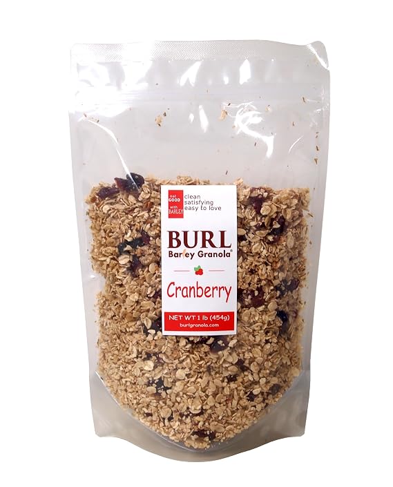 Burl Barley Granola, Cranberry Granola, 1lb, Whole Grain Granola with Dried Cranberries, Rolled Barley Grain, Chewy, No Artificial Flavors or Colors