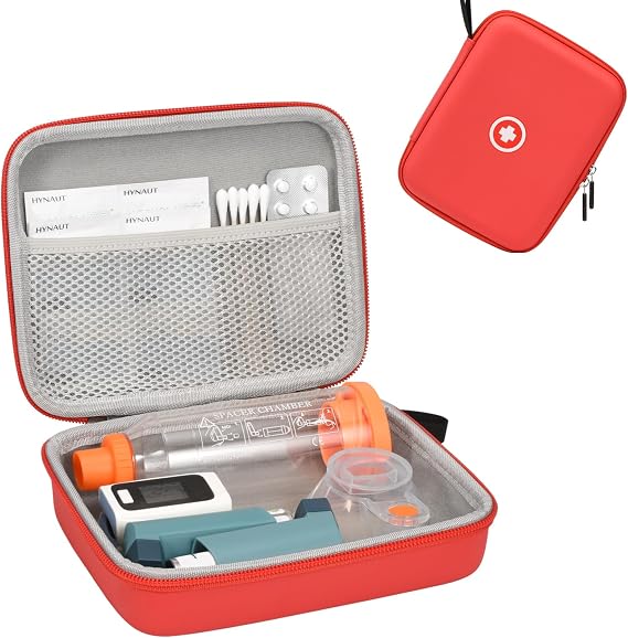 Klawdsky Hard Travel Case for Asthma Inhaler, Inhaler Spacer Case for Kids and Adults, Masks, Red (Bag Only)