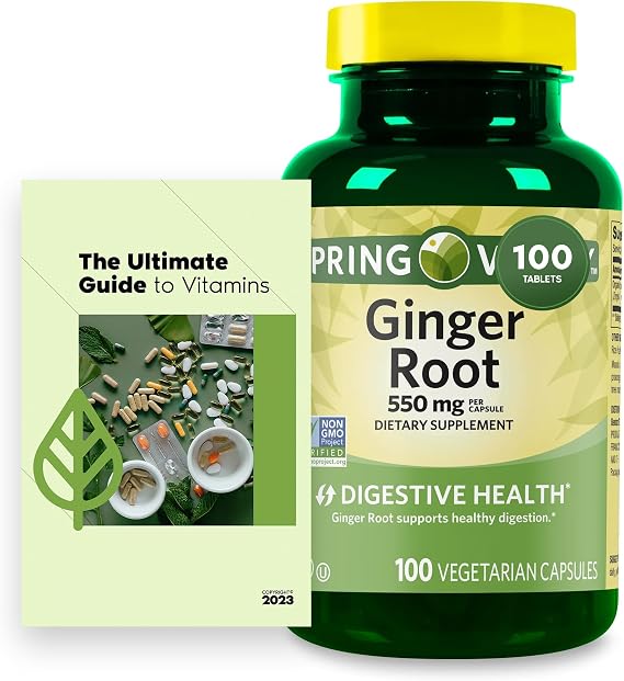 SPR-ing Valle Ginger Root Digestive Health Dietary Supplement Capsules, 550 mg, 100 Count Bundle with Vtmx Vitamin Guide