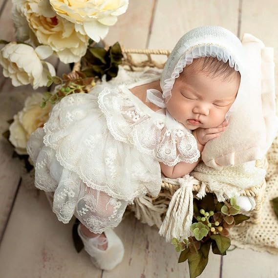 Ylsteed Newborn Photography Props - Lace Romper with Headband, Infant Photo Shoot Outfit for Girls - Dress, Hat, and Shoes Included