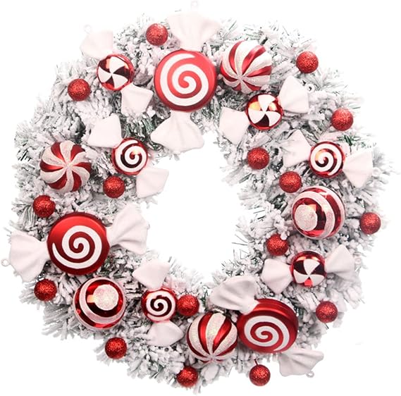 Braiton 16In Christmas Wreaths to Decorate for Front Door Hanging Garland,Door Wreath | Traditional Red White Theme Candy Wreath Garland Ornament Artificial Garland Decorations,Red,40CM