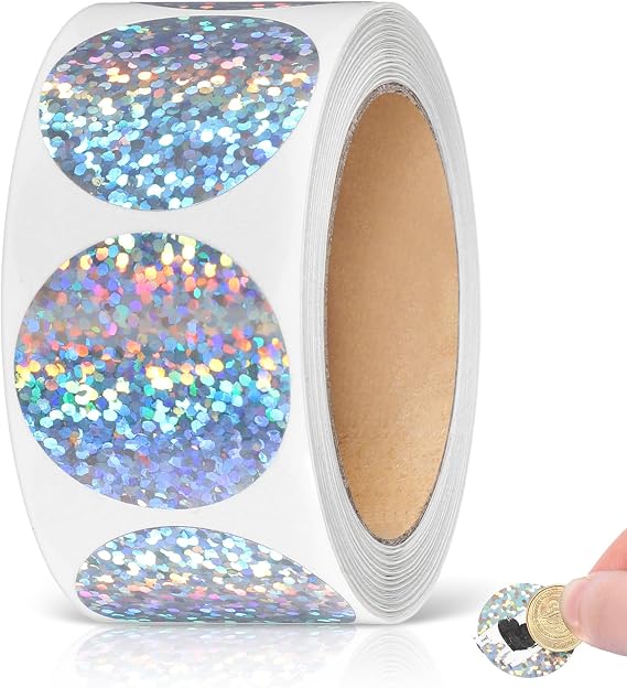300 Pcs Holographic Shiny Scratch Off Stickers, 1" Scratch Stickers Sheets Circle Sticker Self-Adhesive Labels ScratchOff Card for Raffle Ticket Games Creating Lottery Ticket