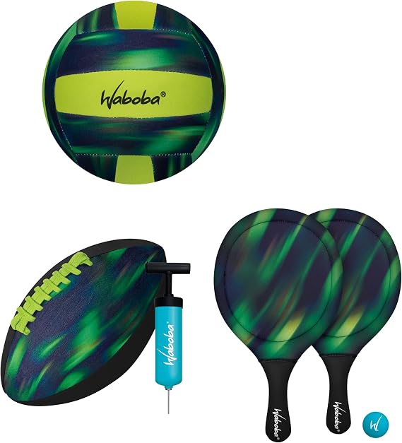 Waboba Sport Beach Pack, Green, 9 Inch Football, Volleyball & Paddle Set | Size 5 Beach Volleyball & Beach Paddle Set, for Kids & Adults Ages 8 & Up