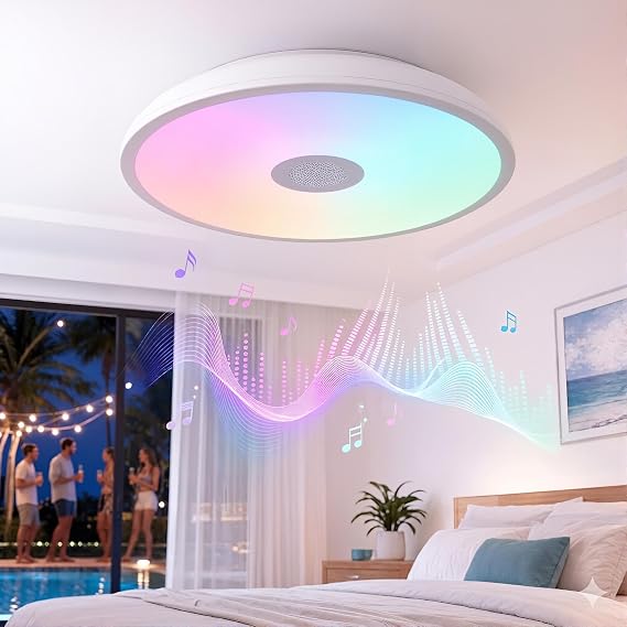 Upgrade Waterproof Ceiling Light LED Music Ceiling Lamp with Bluetooth Speaker,FCC UL1598 Certified 18W Color Changing Light with Remote Control for Bathroom Shower Kitchen Outdoor ( Need Wired )