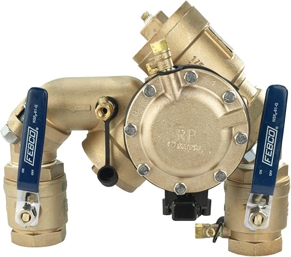 Febco 825YA Series 1-1/2" Bronze Reduced Pressure Zone Backflow Preventer Assembly, Quarter Turn Shutoff, N Pattern, Angle Union Connections, Flood Sensor with SentryPlus Alert Technology