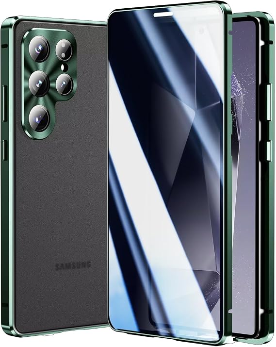 for Galaxy S25 Ultra 6.9 inch case ,Anti-Peeping + Security Lock Magnetic adsorption Double-Sided Protection case Translucent PC Back Cover Metal Bumper Lens Protector,Green