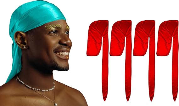 1 Pack Teal Silky Satin Durag Bundle 4 Pack Red Silk Durag