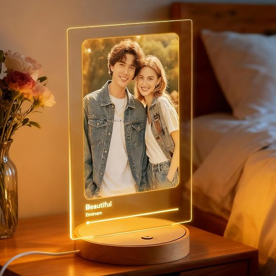 SOUFEEL Personalized Spotify Glass with Photo and Music, Custom Photo Gifts for Women and Men, Personalized Acrylic Photo Frame with Night Light, Illuminated LED Frame with Wooden Stand