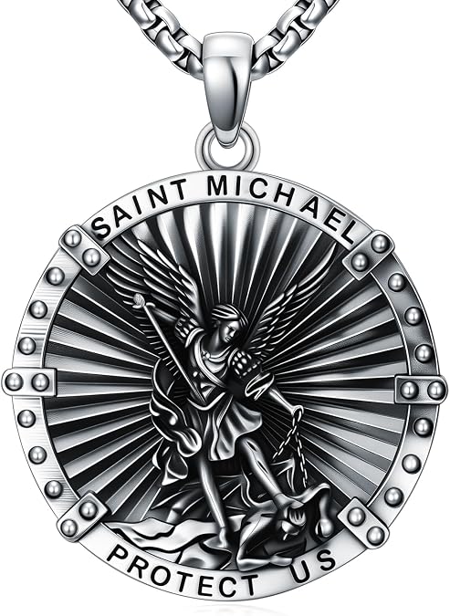 925 Sterling Silver St Michael/St Christopher Oval Round Medal Archangel Cross Necklace with 22+2 Chain