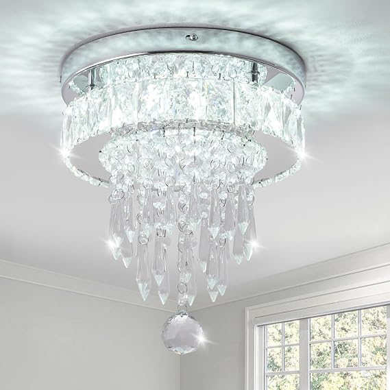 Modern Crystal Chandelier Ceiling Light,4-Tier K9 Crystal & Stainless Steel Flush Mount LED Ceiling Light,Energy-Efficient Cool White Light for Bedroom Living Room Hallway Kitchen Lighting 9.8" [Energy Class E]