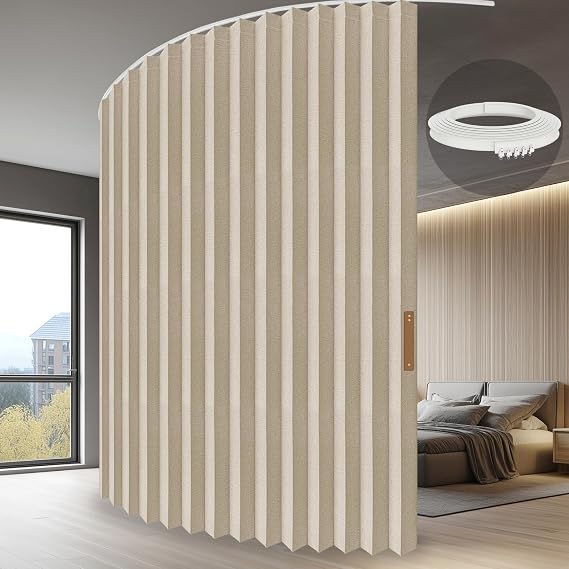 Jilron - Accordion Room Divider with Roof Rail, Retractable Divider Curtain, Easy to Install, 180" W x 84" L, 1 Pack, Beige