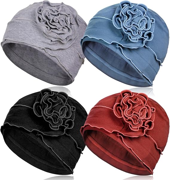 AIPESL 4 Pieces Cotton Chemo Turban Headwear, Soft Cancer Headwear Elastic Cancer Cap for Women with Hair Loss
