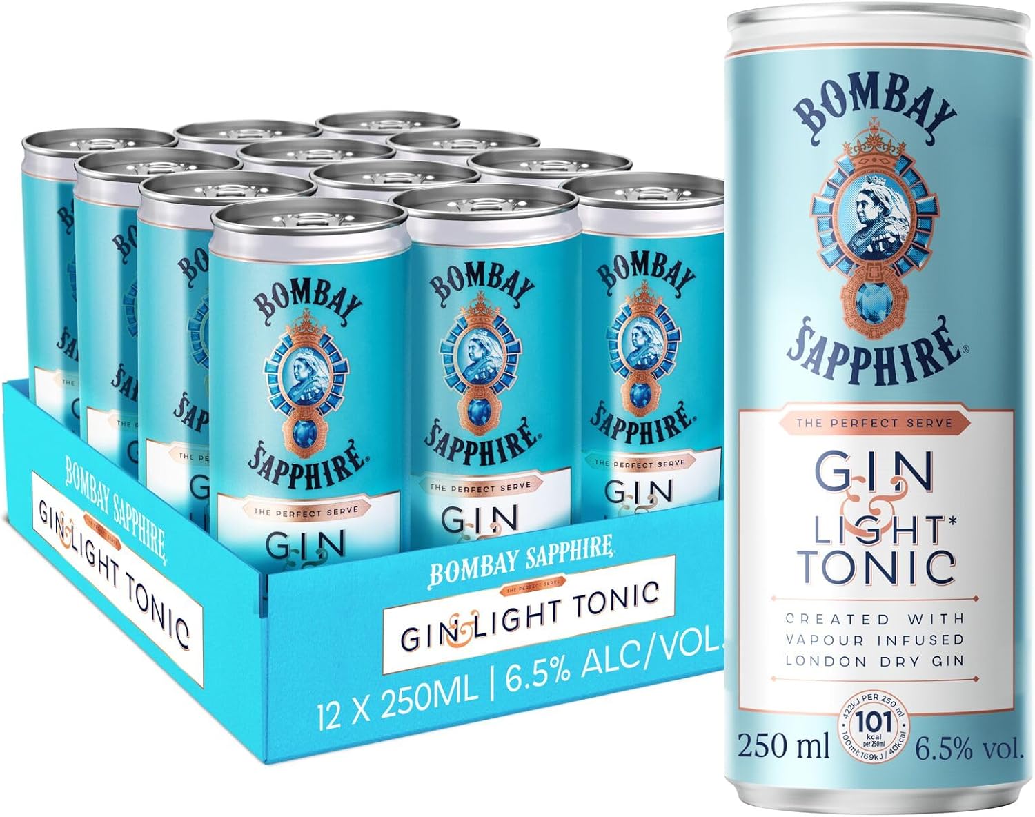 Bombay Sapphire Gin and Light Tonic Ready to Drink Cocktail Cans, 6.5% vol., 25 cl  250 ml Pack of 12, Alcohol Drinks with 100% Vapour Infused London Dry Gin
