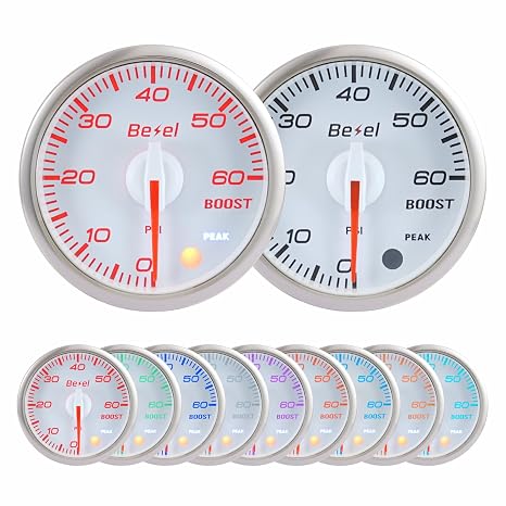 Bezel Diesel Boost Gauge Kit 0~60Psi White Indash Brushless Series 2-1/16'' (52mm) for car & Truck - Clear Lens - Includes 1/8BSPT Electrical Sensor - 10 Colors - 270 Sweep - JDM - USDM