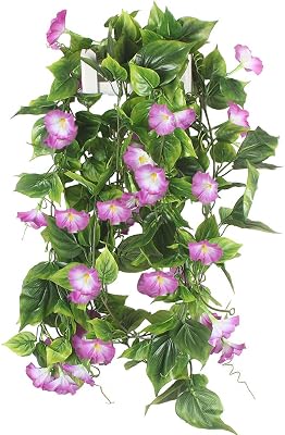 GTIDEA 2Pcs Artificial Vines,15Feet Morning Glory Hanging Plants Silk Garland Fake Green Plant Home Garden Wall Fence Stairway Outdoor Wedding Hanging Baskets Decor Purple