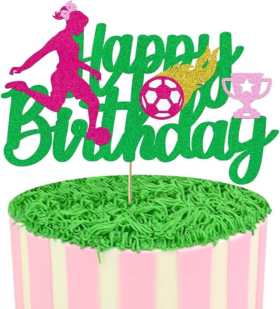 Soccer Cake Topper for Girls Pink Soccer Happy Birthday Cake Toppers Decorations Glitter Girl Soccer Theme Birthday Party Supplies