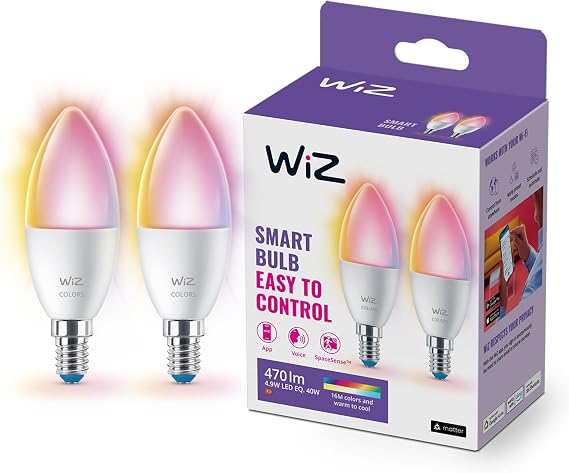 WiZ Smart Bulb, E14 Colour, Smart Dimming LED, Connected WiFi Works with Alexa, Google Assistant & HomeKit, App Control for Home Indoor Lighting, Livingroom, Bedroom, Dining Room, Energy Monitoring [Energy Class F]
