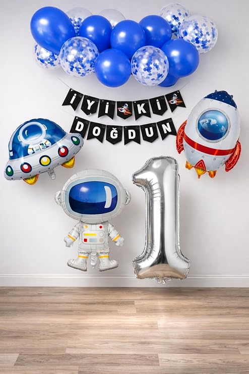 Patladı Gitti Uzay Konsepti Doğum Günü Parti Kutlama Seti; Astronot, Ufo Ve Uzay Gemisi Folyo Balon Set