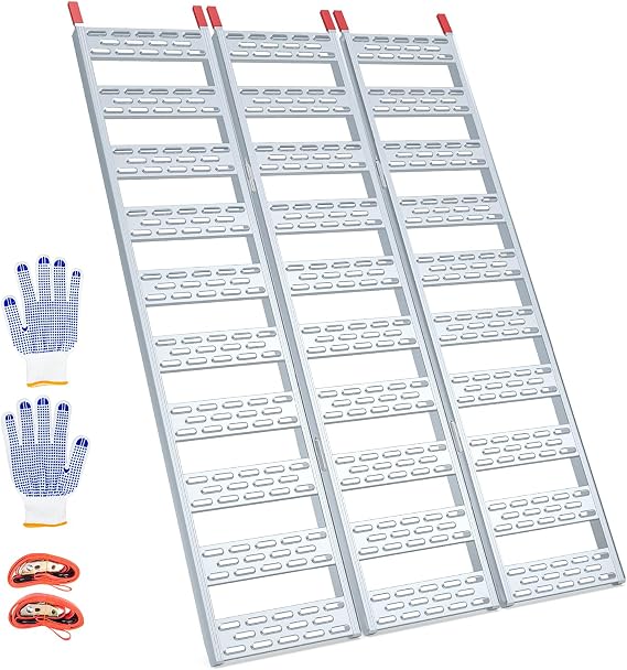Aluminum Tri-Folding Truck Ramps 1600Lbs Max, Loading Ramps for Pickup Trucks Bed, Trailers Ramp with Load Straps for ATV/UTV, Sweeper Machine, Golf Carts, Touring Motorcycles, Small Tractor