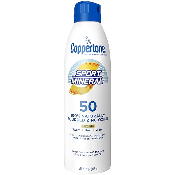 Coppertone SPORT Mineral Sunscreen Spray SPF 50, 5 OZ | Zinc Oxide Mineral Sunscreen Spray SPF 50 , Sweat, Heat and Water Resistant, PABA, Oxybenzone, Octinoxate and Paraben Free