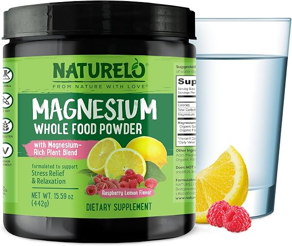 NATURELO Magnesium Powder, Stress Relief, Raspberry Lemon, 15.5 oz | Whole food calm powder, with quinoa, cauliflower & flaxseed, 85 servings