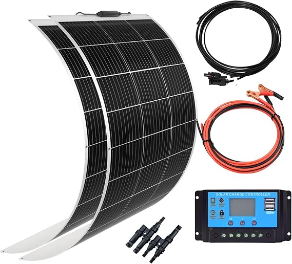 Solar Panel 12V 200W System Kit 100W Flexible Solar Panel Monocrystalline Battery Charger with Extension Cable 20A Charge Controller Power for RV Boat Cabin Car Trailer(200W-1)