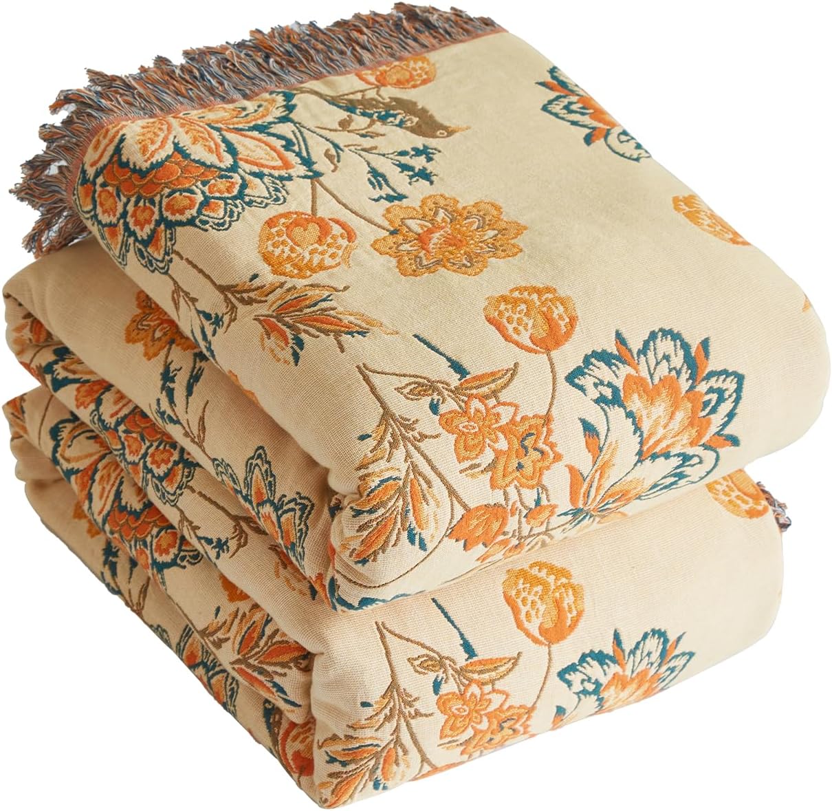 Bailix Premium Bohemian throw, 100% Cotton Cuddly Blanket with Fringes, Double-Sided Muslin, Boho Blanket, 200 x 230 cm, Cuddly Sofa Blanket and Bed Throw, Patchwork, Blanket for Room Orange/Beige