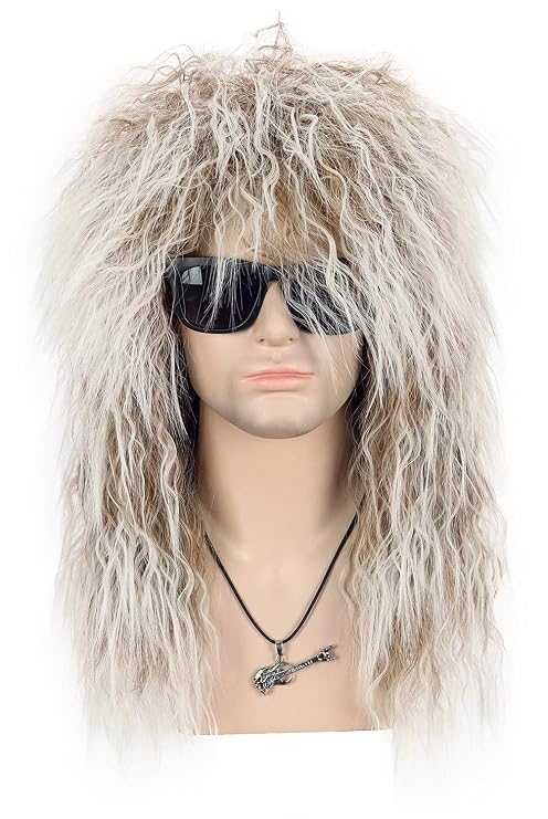 VGbeaty Men Women Long Curly Brown Gradient White 70s 80s Rocker Mullet Wig Halloween Costume Cosplay Wig | 70s 80s Rocker Halloween Costume Cosplay Wig